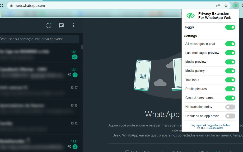 Extensão para WhatsApp Web pode ser usada para borrar fotos e mensagens (Captura de tela: André Magalhães)