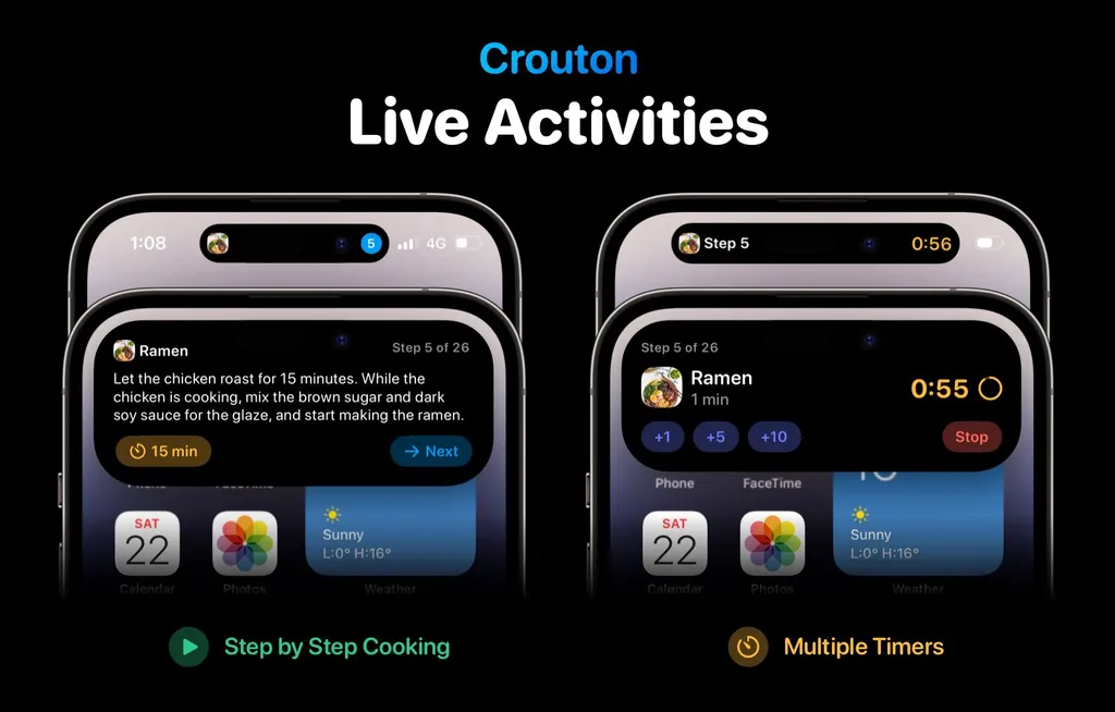 O app de culinária traz dois usos bastante criativos (e utilitários) para as Atividades ao Vivo do iPhone (Imagem: Reprodução/Croutons)