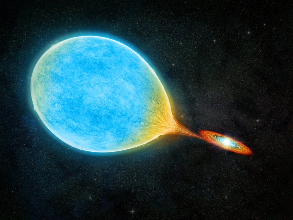 Representação do novo tipo de estrela binária: em azul, aparece a estrela perdendo massa para sua vizinha, tornando-se uma anã branca ELM (Imagem: Reprodução/M.Weiss/Center for Astrophysics | Harvard & Smithsonian/)