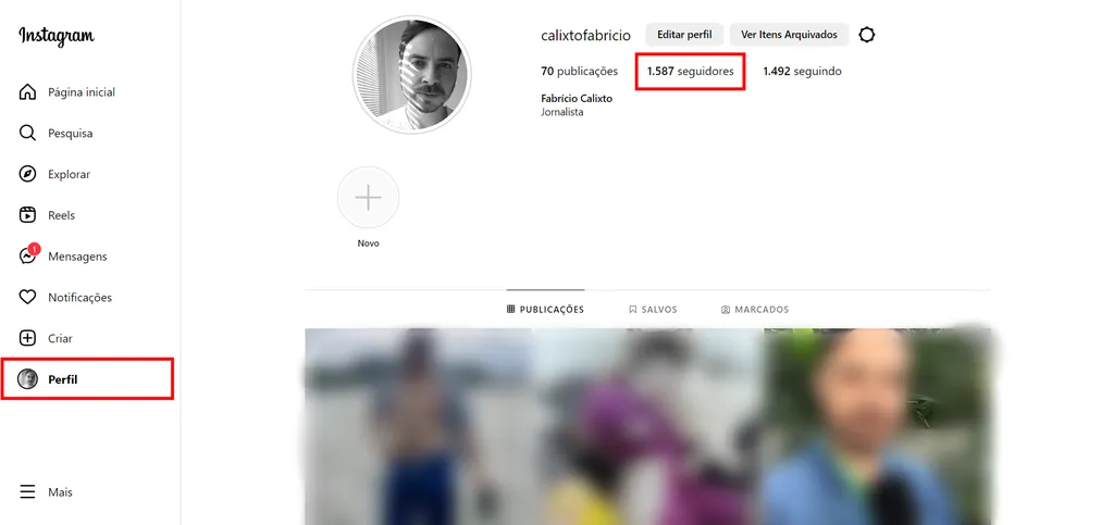 A versão web do Instagram permite ver quem seguiu sua conta recentemente (Imagem: Captura de tela/Fabrício Calixto/Canaltech)