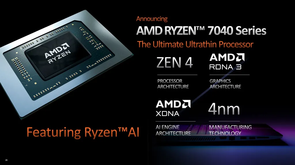 Com tecnologias de ponta, incluindo fabricação em 4 nm, os Ryzen 7040HS Phoenix Point chamam atenção pelos gráficos RDNA 3 e acelerador dedicado de IA (Imagem: AMD)