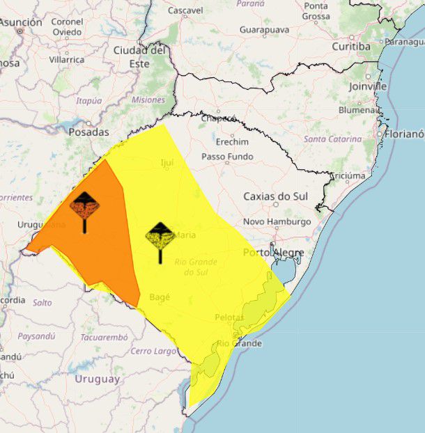 mapa do brasil mostrando alertas amarelo e vermelho de chuva