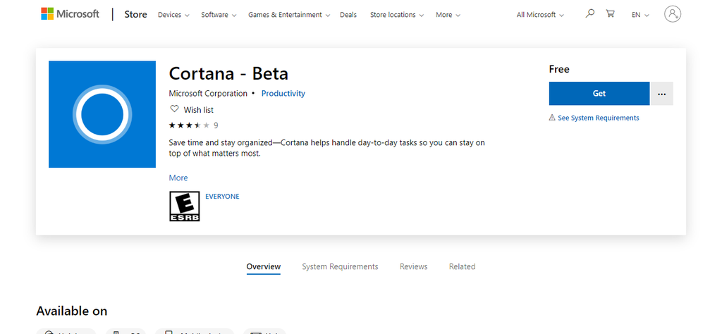 O app da assistente virtual Cortana, na loja americana de aplicações da Microsoft, já se encontra disponível para download (Captura de Imagem: Rafael Arbulu)