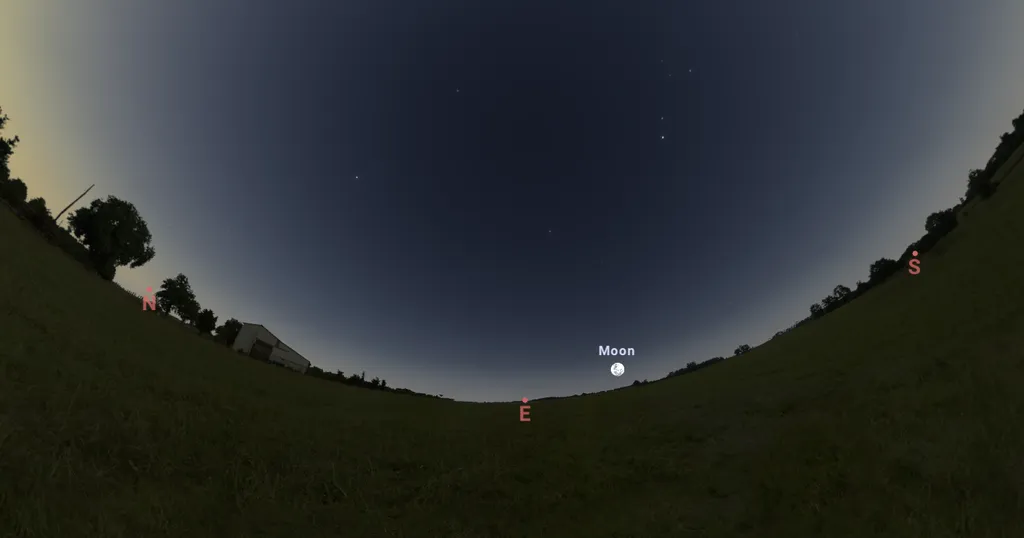 Posição da Lua na região sudeste, por volta das 18h (Imagem: Captura de tela/Stellarium)