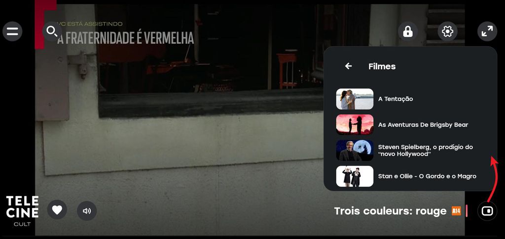 Tela de transmissão do Zapping com um menu lateral aberto mostrando o catálogo do canal (VOD)