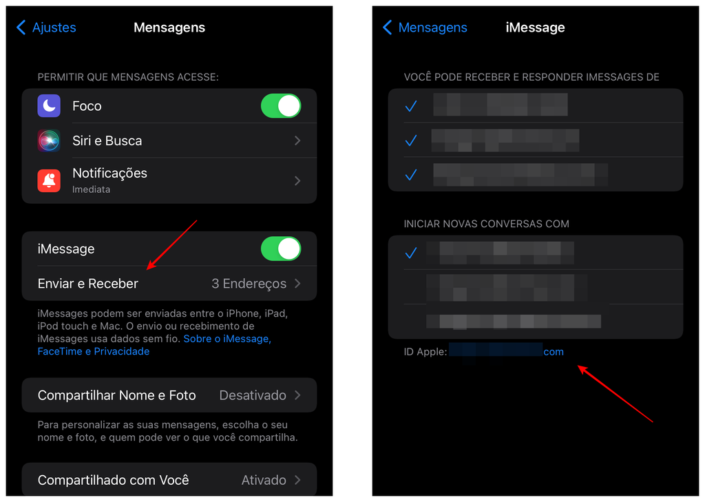 Descubra seu login do ID Apple pelos ajustes do app Mensagens (Captura de tela: Thiago Furquim)