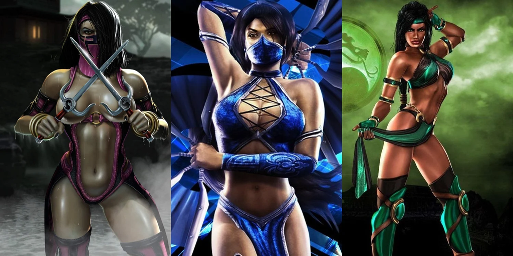 Lutadoras de Mortal Kombat hipersexualizadas em edições anteriores a Mortal Kombat 11 (Mileena, à esquerda, Kitana, no centro e Jade, à direita)