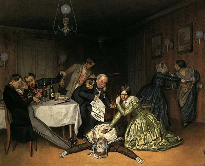 Pintura de Pavel Fedotov retrata a morte de um paciente com cólera no século XIX