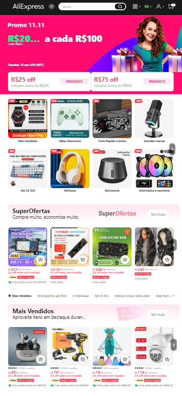 11.11 do AliExpress com até 90% off, cashback e cupons de desconto