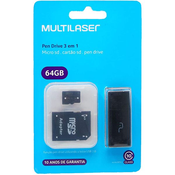 Adaptador 3 em 1 SD + Pendrive + Cartão De Memória 64GB Preto Multilaser