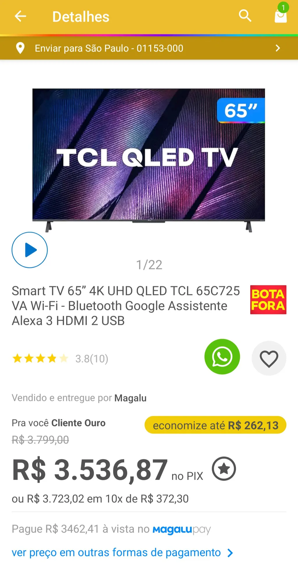 Smart TV 65” 4K UHD QLED TCL 65C725 VA Wi-Fi - Bluetooth Google ...