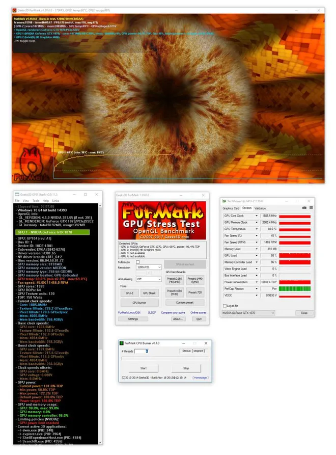 O FurMark é um dos testes mais intensos disponíveis, por utilizar algoritmos de processamento de pelo para levar as GPUs ao limite (Imagem: Reprodução/geeks3D)