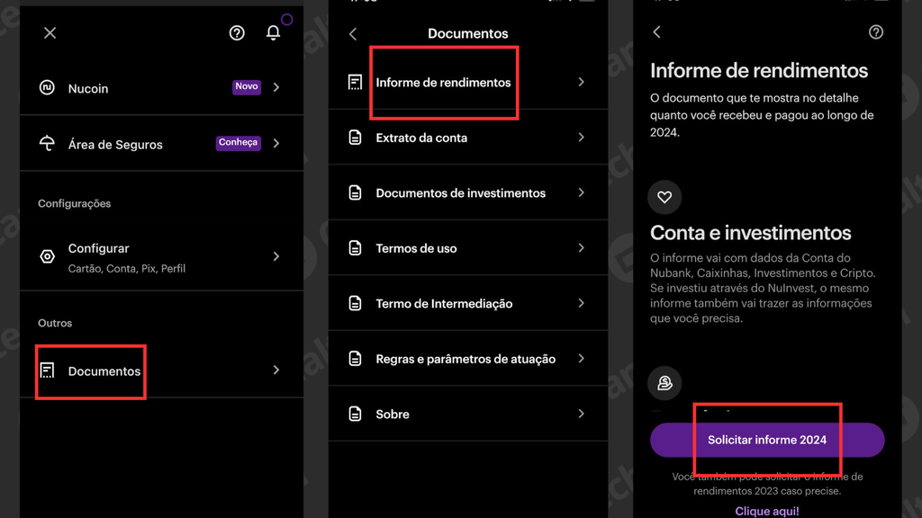 Captura de tela do processo de ver o informe de rendimentos no aplicativo do Nubank