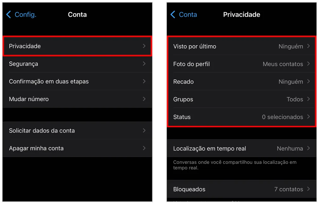 Defina quem poderá ver suas atualizações nas opções de privacidade do WhatsApp (Captura de tela: Caio Carvalho)