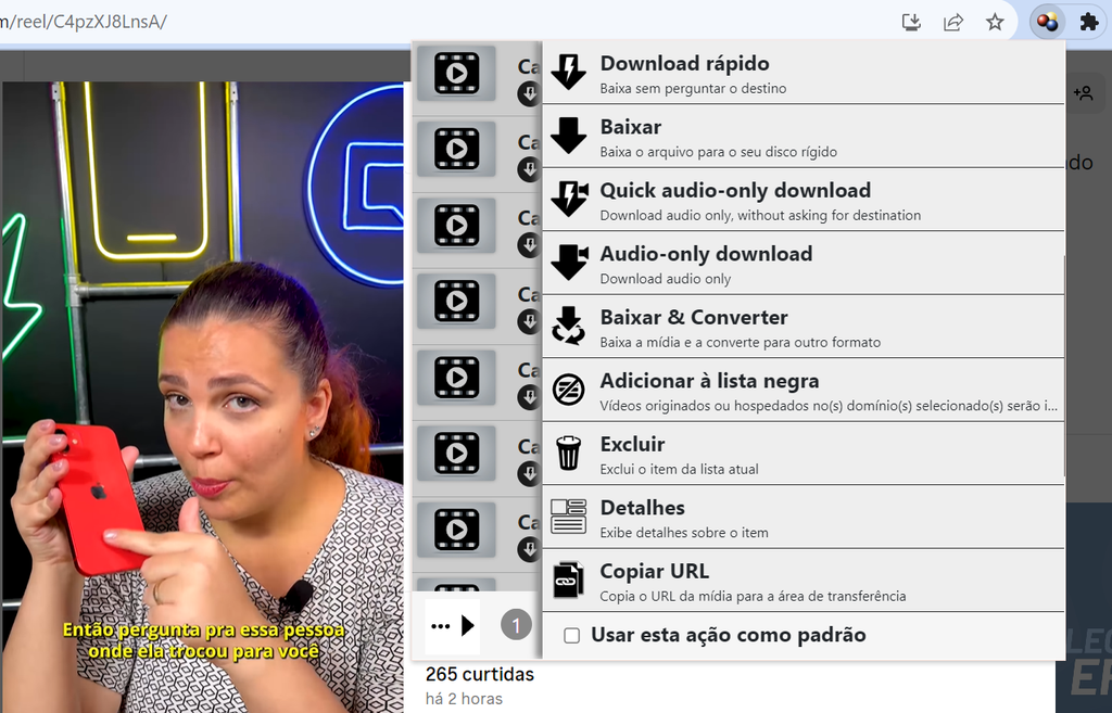 Video DownloadHelper oferece opções de download e conversão dos vídeos (Imagem: Captura de tela/Guilherme Haas/Canaltech)