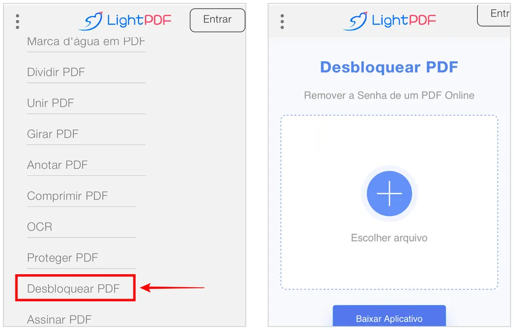 LightPDF tem opção para desbloquear PDF e remover senha (Captura de tela: Caio Carvalho)