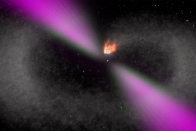 Esquema do pulsar viúva negra e sua estrela vizinha; as emissões do pulsar (em roxo) aquecem o lado diurno da estrela (em laranja), que acabará evaporada (Imagem: Reprodução/NASA's Goddard Space Flight Center/Cruz deWilde)