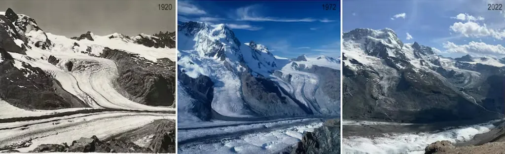 O degelo nos Alpes suíços ao longo dos ano (Imagem: Neil Entwistle/Reprodução)
