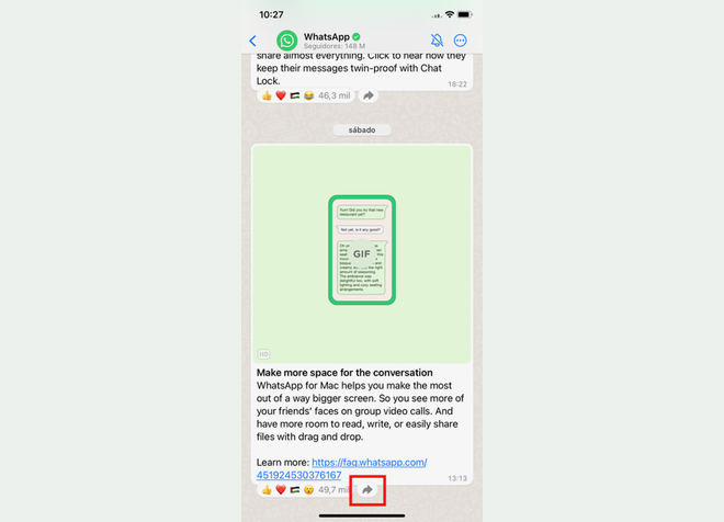 WhatsApp añade un acceso directo para reenviar mensajes del canal