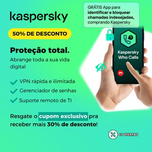 🚨 Kaspersky Premium com 80% OFF usando o nosso cupom exclusivo: só R$ 76,93 no 1º ano + 3 meses grátis do WhoCalls, app que pode filtrar ligações de spam e golpes