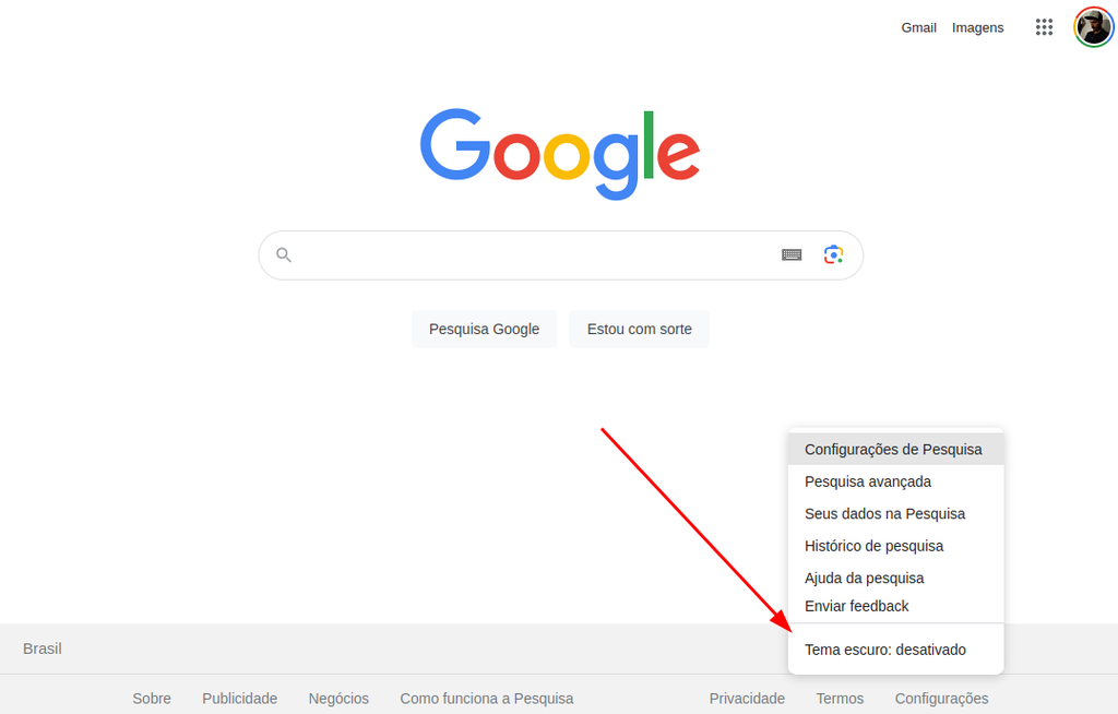 É possível ativar o modo escuro do Google direto na página do buscador (Imagem: Captura de tela/Fabrício Calixto/Canaltech)