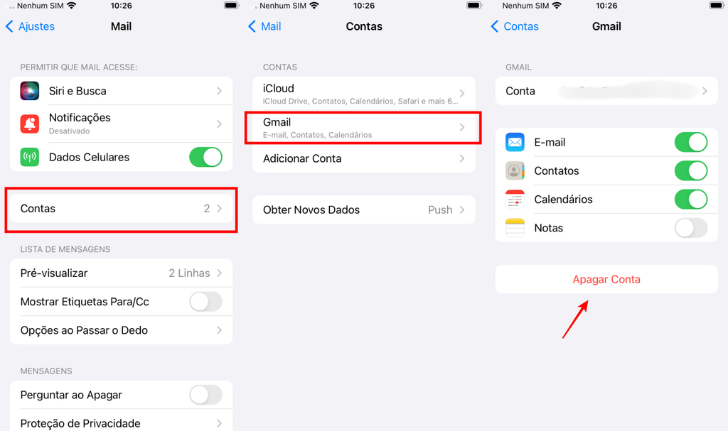 Você consegue remover sua conta Gmail do Mail através do app Ajustes (Imagem: Captura de tela/Fabrício Calixto/Canaltech)