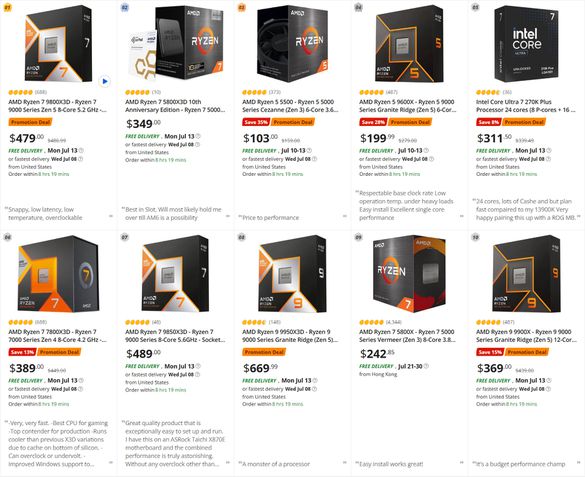 CPUs AMD Ryzen mais vendidos