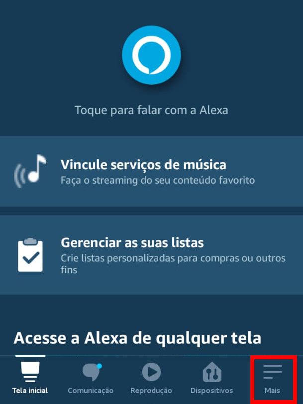 Abra o app da Alexa em seu celular e clique em "Mais" à direita do menu inferior (Captura de tela: Matheus Bigogno)