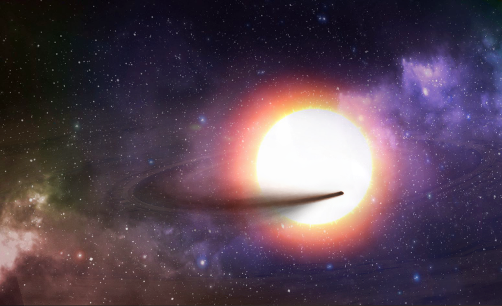 Ilustração de gigante vermelha cercada por uma nuvem arrastara por uma estrela bem menor (Imagem: Reprodução/ Maciej Szyszko)
