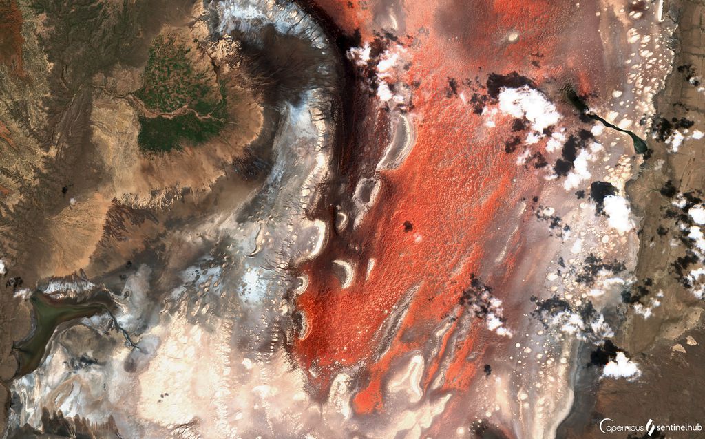 Lago Natron, na Tanzânia, altamente salino e com águas que ficam vermelhas em certos períodos do ano, quando cianobactérias que gostam de sal populam a superfície (Imagem: Sentinel Hub/CC-BY-2.0)