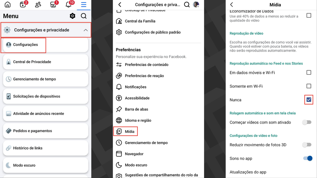 Passos para desativar o autoplay no Facebook