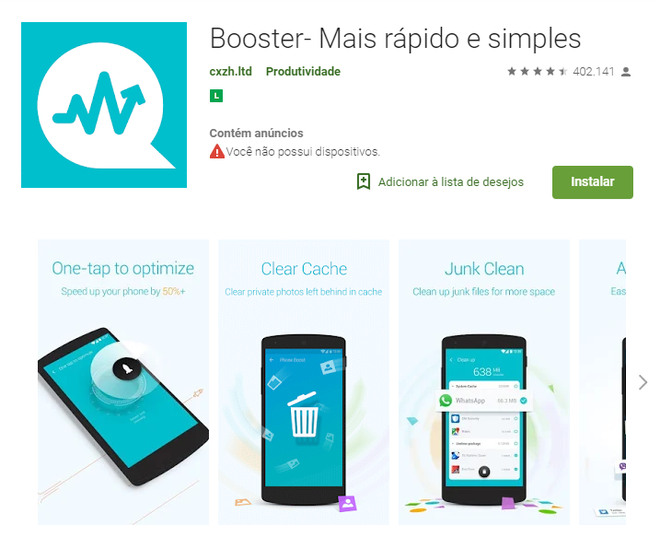 Apps para fazer a limpeza do seu celular: Android Booster (Captura de tela: Ariane Velasco)