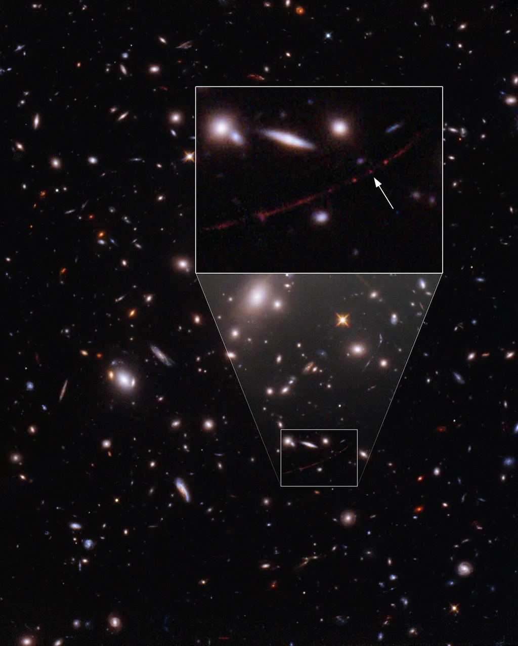 A estrela mais distante já observada foi anunciada pela NASA em março de 2022 e aparece indicada por uma seta (Imagem: Reprodução/NASA, ESA, B. Welch (JHU), D. Coe (STScI), A. Pagan (STScI)