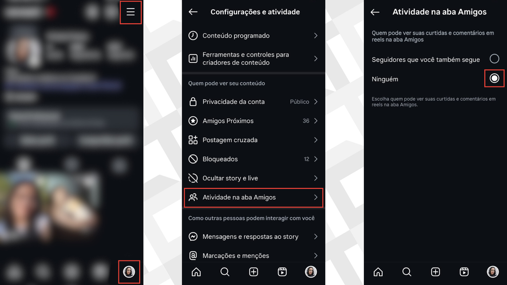 Passos para ocultar interações na aba Amigos