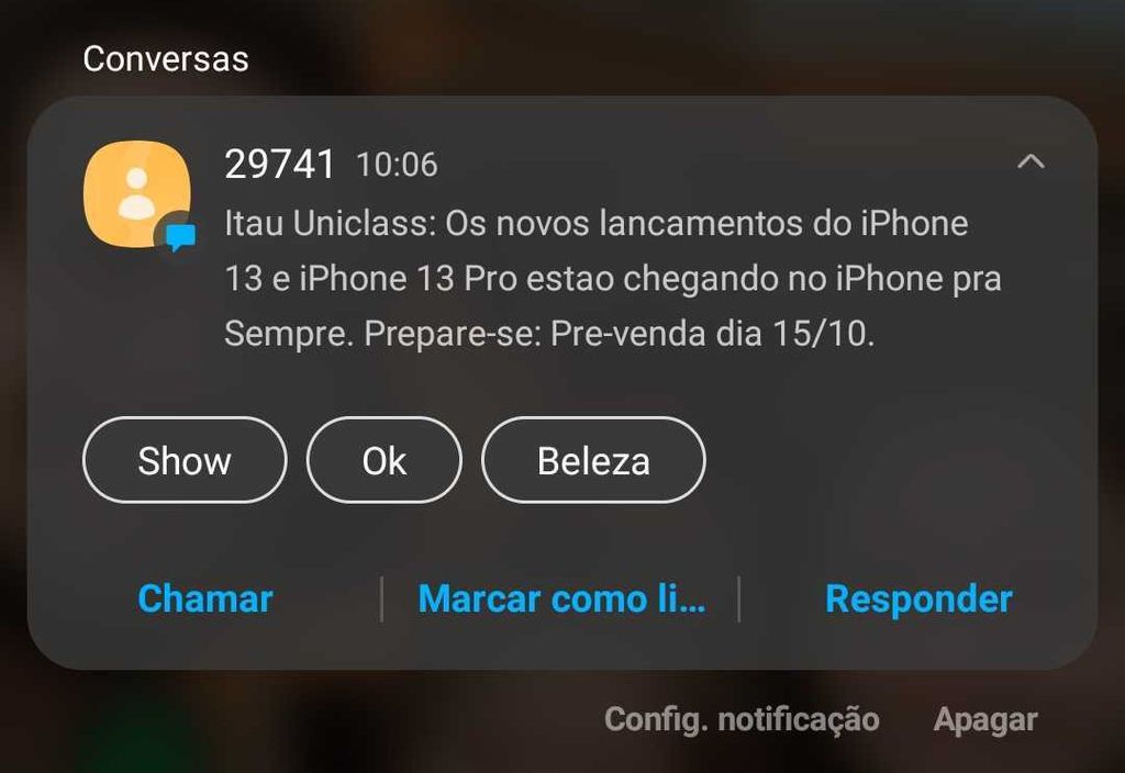 O SMS enviado pelo Itaú confirma que o iPhone 13 começa a ser vendido no Brasil na próxima semana (Imagem: Wallace Moté/Captura de Tela)