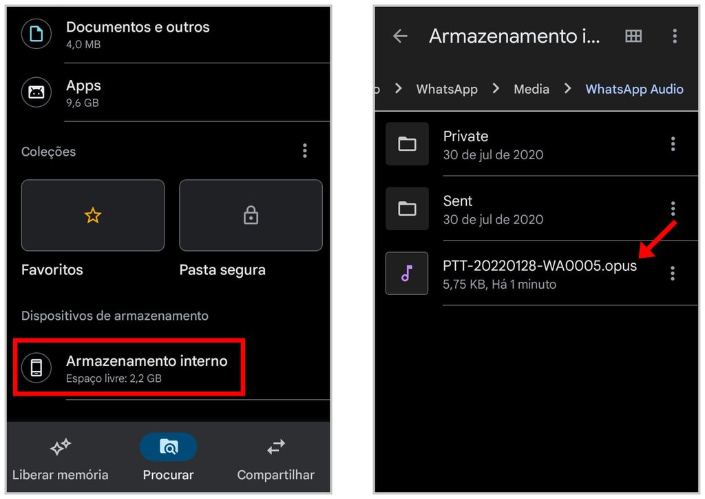 Recuperar áudio apagado no WhatsApp: procure o arquivo no armazenamento interno do celular (Captura de tela: Matheus Bigogno)