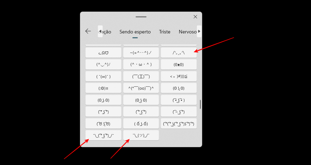Existem vários kaomojis que têm a barra invertida dentro do teclado emoji do Windows (Imagem: Captura de tela/Fabrício Calixto/Canaltech)