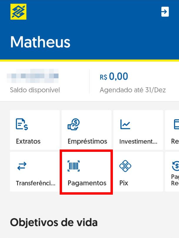 Abra o app do Banco do Brasil em seu celular e clique em "Pagamentos" (Captura de tela: Matheus Bigogno)