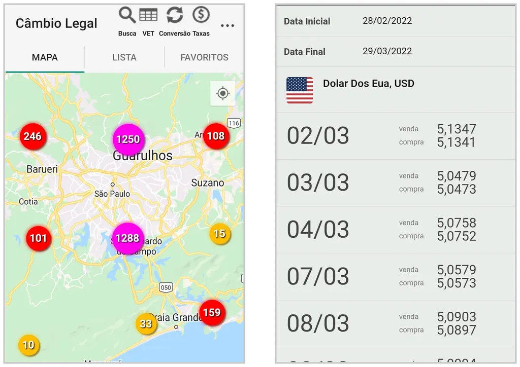 Utilize o app Câmbio Legal do Banco Central para ver a cotação do dólar e encontrar casas de câmbio (Captura de tela: Matheus Bigogno)