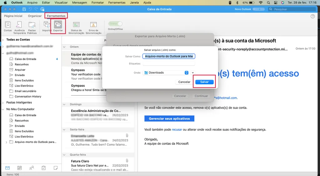 Exportando arquivo de dados de uma conta pelo Outlook (Imagem: Captura de tela/Guilherme Haas/Canaltech)