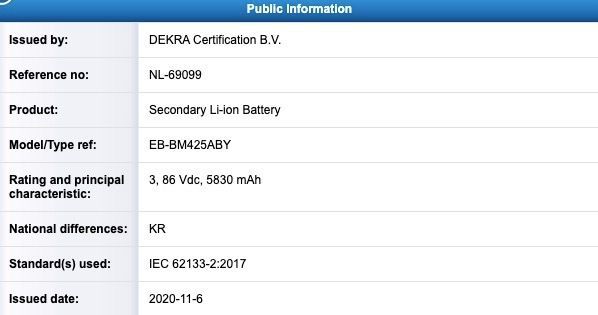 Capacidade oficial segue a tendência de baterias generosas da linha Galaxy M (Imagem: reprodução/Dekra)