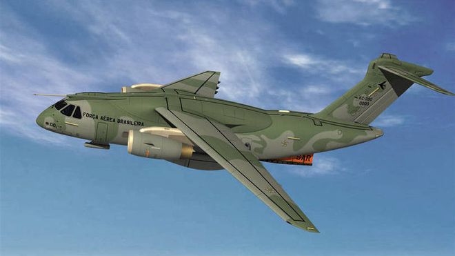 Cargueiro KC-390, maior avião produzido pela Embraer no país (Imagem: Embraer)