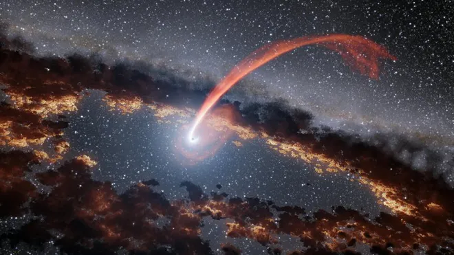 Conceito artístico de uma estrela espaguetificada por um buraco negro (Imagem: Reprodução/NASA/JPL-Caltech)