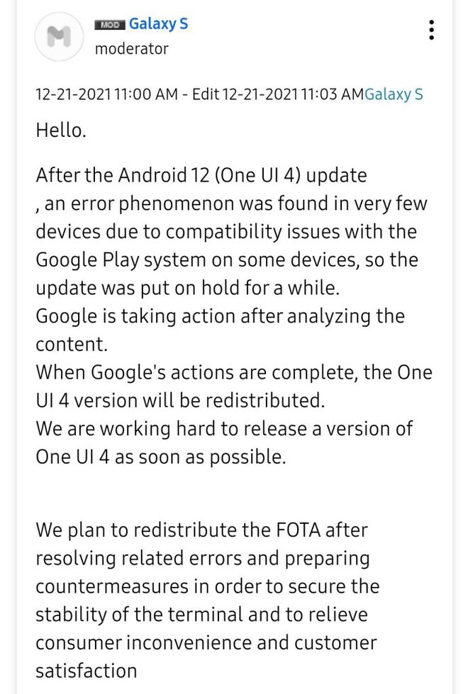 Bug com a Play Store motivou a Samsung a interromper a distribuição da One UI 4.0 (Imagem: Reprodução/TizenHelp)