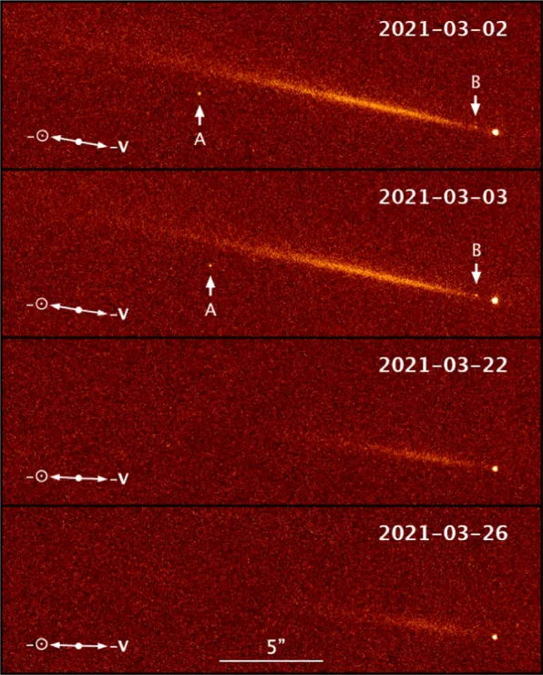 Aqui dois fragmentos, chamados "A" e "B", aparecem soltos do cometa (Imagem: Reprodução/Man-To Hui et al.)