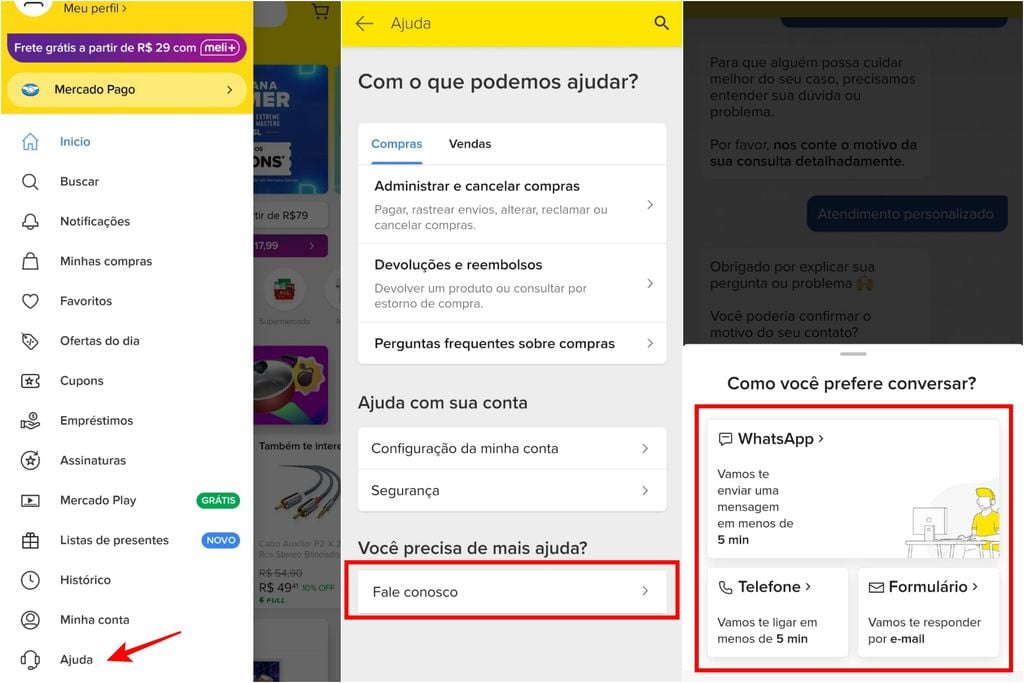 Você pode solicitar contato com o Mercado Livre através da assistente virtual da plataforma (Imagem: Captura de tela/Guilherme Haas/Canaltech) 