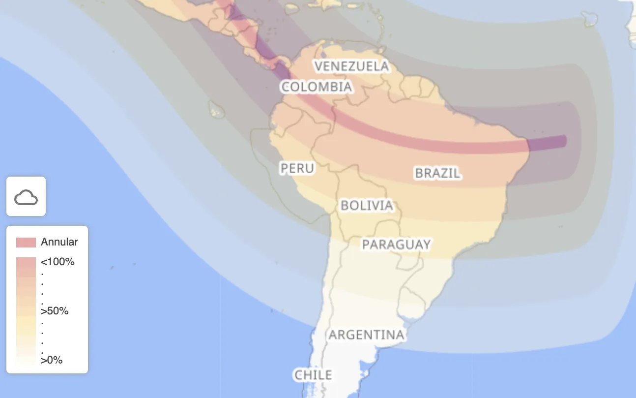 O auge do fenômeno vai ser visível em uma faixa estreita no Brasil (Imagem: Reprodução/timeanddate.com)