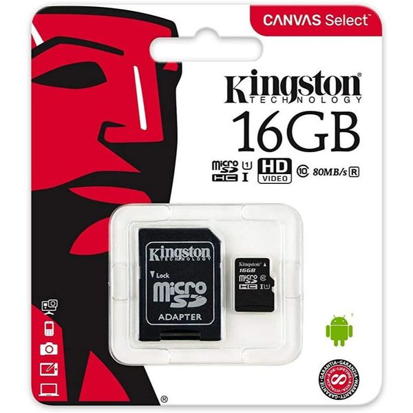 Cartão de Memória Canvas Select microSD 16GB, Kingston, Preto