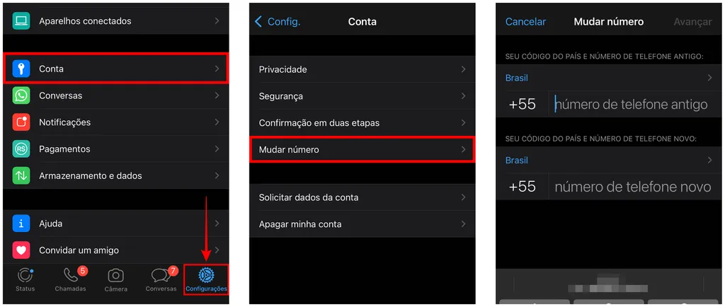 Como mudar o número do WhatsApp no iPhone: insira o número antigo e o novo celular (Captura de tela: Caio Carvalho)
