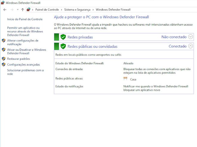 O Windows Defender é o Firewall padrão do Windows (Captura de tela: Matheus Bigogno)